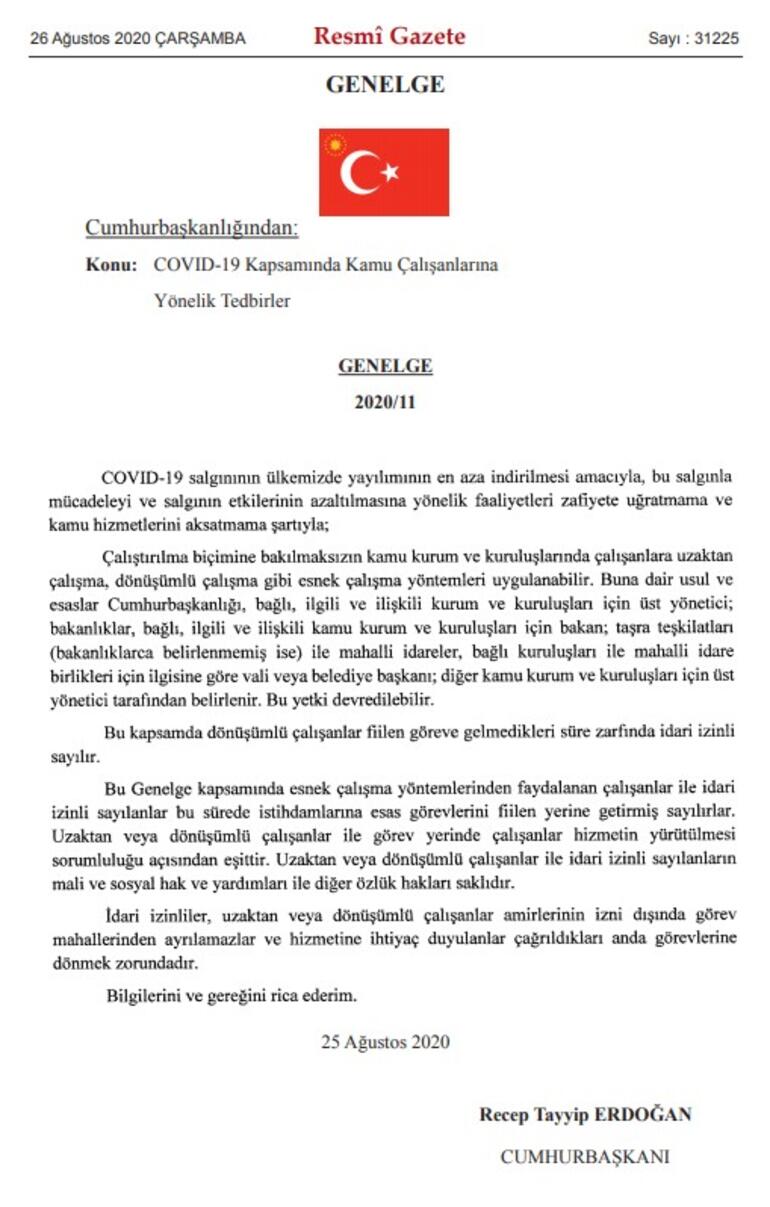 Tüm memurları ilgilendiriyor! Cumhurbaşkanı Erdoğan imzaladı 1 Son dakika haberi: Cumhurbaşkanlığı Genelgesi yayımlandı Kamuda esnek çalışma devam edecek