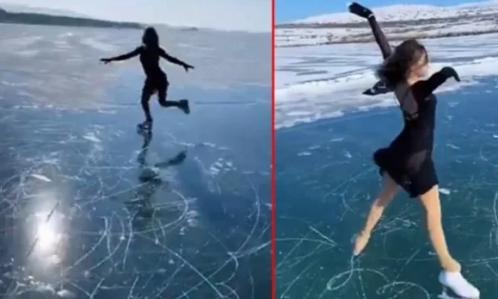Milli sporcu İklim Şentunalı’dan Çıldır Gölü üzerinde buz pateni gösterisi